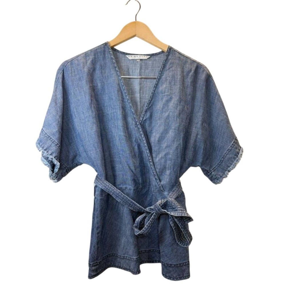 Trina Turk Wrap Top Womens Small Blue Chambray Fringed Belted Tunic